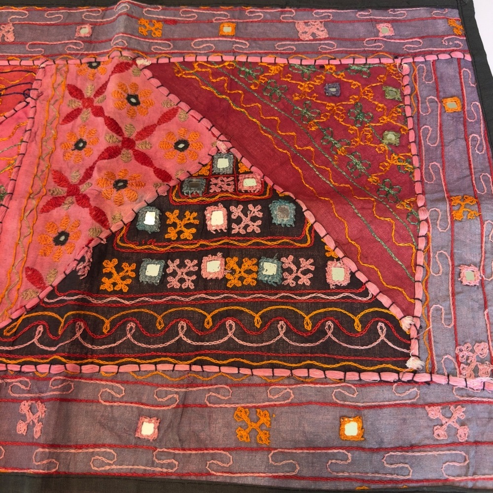 Handmade Indian Patchwork Table Runner Pink Maroon Shisha Mirror Work 58x20